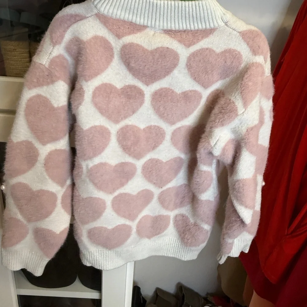 Kids Size 4/5 Pink Heart Pattern Sweater with Pearl Accents